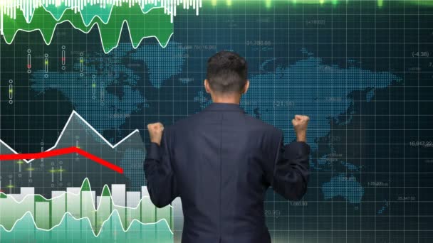 Investidor de negócios feliz com o crescimento do mercado, empresário feliz suas ações subir — Vídeo de Stock