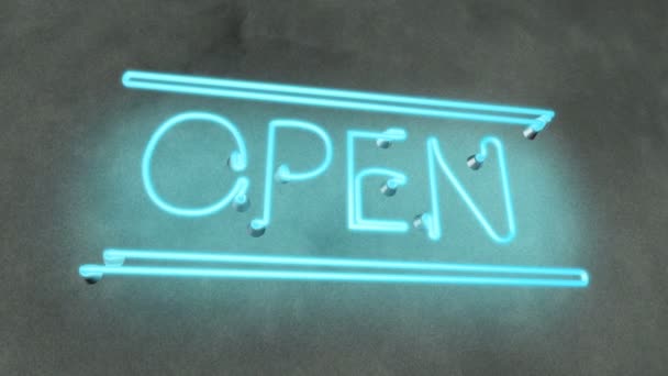 Neon sign Open in cafe bar restaurant, working evening night local pub wall — Stock Video