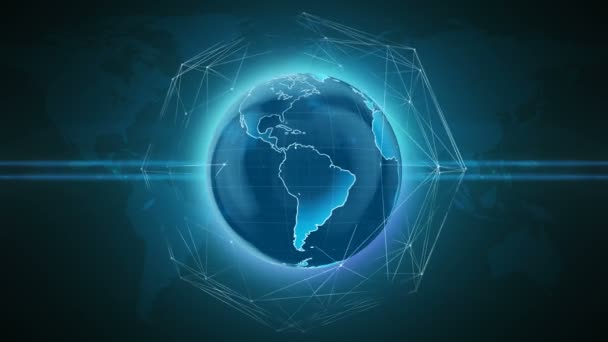 Mundo planeta giratorio globo con líneas de red, enlaces de comunicación global — Vídeo de stock