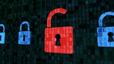 Bir kırmızı kilit dışında güvenli dijital asma kilitler, hacker saldırı virüs tespit