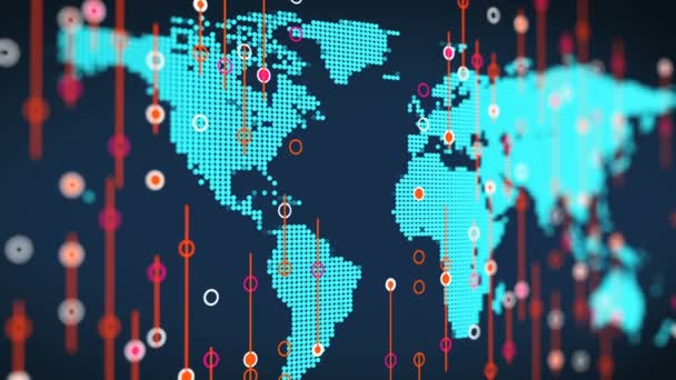América digital esquemática rotación del mapa azul con palos de vela de stock de negocios — Vídeo de stock
