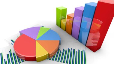 Üst görünüm iş mali pasta ve barlar, grafik büyür, gelir rakamları grafik