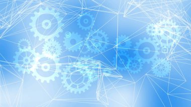 Mavi arka plan üzerinde çalışma sistemi mekanizması, modern teknoloji çarkları dönen