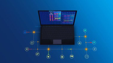 Modern teknoloji iş hayatı kullanımı için 3d üst görünüm dizüstü bilgisayar sosyal medya ağı
