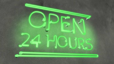Neon işareti Açık kafe bar restoranda 24 saat, çalışma akşam gece yerel pub