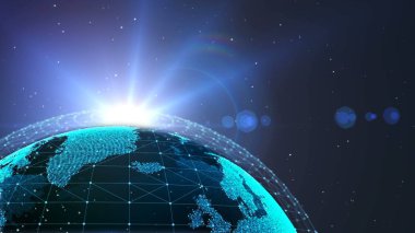 Dünya çapında dönen dünya mavi iş arka plan, gezegen dünya arkasında gündoğumu