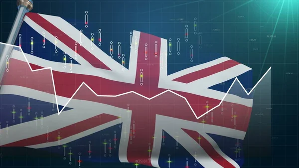 UK flag on stock market background, trade finances London, euro pound currency