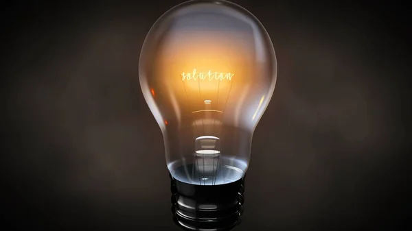 輝くワイヤーテキスト記号、明るいビジネスシンボルと電球のソリューションワード — ストック写真