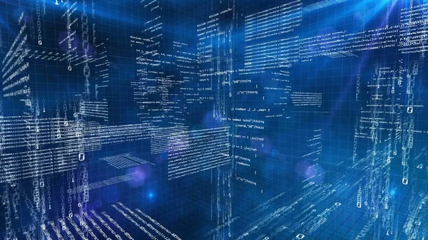 Programmering kod 3D världen, inuti maskinen processer, blå Tech bakgrund — Stockfoto