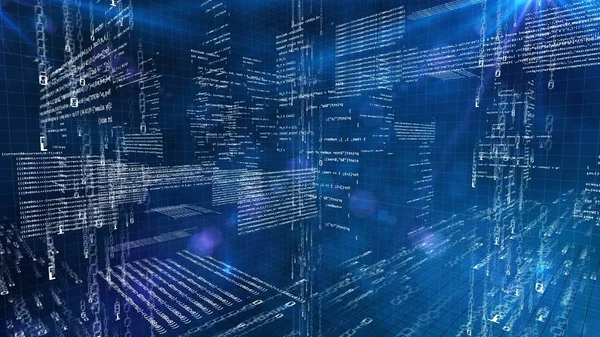 3D-värld av programmering inuti datorn, maskin symboler kod bakgrund — Stockfoto
