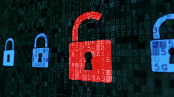 하나의 빨간색 자물쇠를 제외하고 디지털 자물쇠 보안, 해커 공격 바이러스 감지 — 스톡 사진