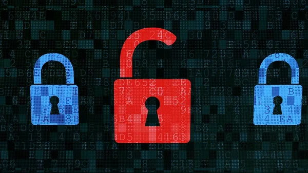 시스템 보안에 대한 위협 감지, 기계 코드가 있는 빨간색 디지털 자물쇠 — 스톡 사진