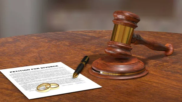 Petición de divorcio firmado documento con anillos en la mesa del juez oficial romper Fotos de stock