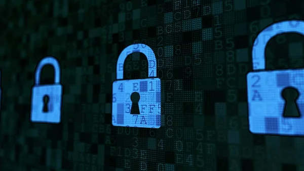 デジタル南京錠は、検出されたハッカー攻撃ウイルスを確保しない、すべての安全なシステムOK ストックフォト