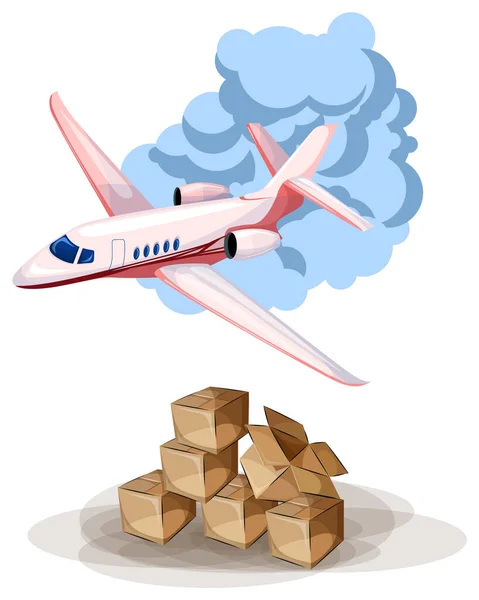 飞机在天空中的矢量图像和堆放在地面上的箱子 运费和邮资的概念 卡通风格 Eps — 图库矢量图片