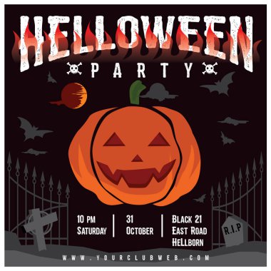 Flyer 'ın Cadılar Bayramı partisi için davetiye şablonu, Cadılar Bayramı balkabağı, perili ev ve dolunay illüstrasyonlu cadılar bayramı geçmişi..