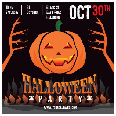 Flyer 'ın Cadılar Bayramı partisi için davetiye şablonu, Cadılar Bayramı balkabağı, perili ev ve dolunay illüstrasyonlu cadılar bayramı geçmişi..