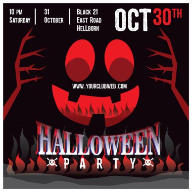 Flyer 'ın Cadılar Bayramı partisi için davetiye şablonu, Cadılar Bayramı balkabağı, perili ev ve dolunay illüstrasyonlu cadılar bayramı geçmişi..