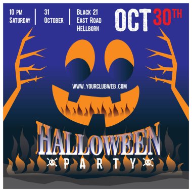 Flyer 'ın Cadılar Bayramı partisi için davetiye şablonu, Cadılar Bayramı balkabağı, perili ev ve dolunay illüstrasyonlu cadılar bayramı geçmişi..