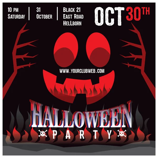 Flyer 'ın Cadılar Bayramı partisi için davetiye şablonu, Cadılar Bayramı balkabağı, perili ev ve dolunay illüstrasyonlu cadılar bayramı geçmişi..