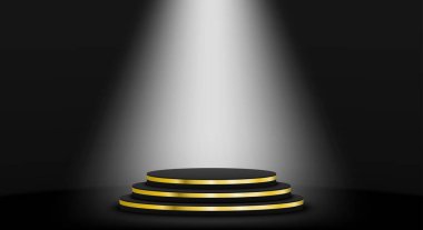 Siyah ve altın renkli, ışıklı sahne podyumu. Yaya ödül töreni. Ürün sunumu.