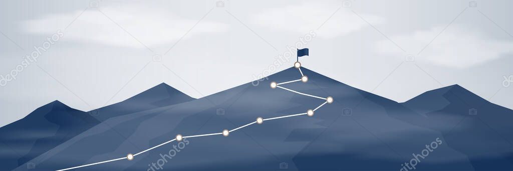 Mountain climbing route to peak with cloud and fog. Flag on peak of mountain.