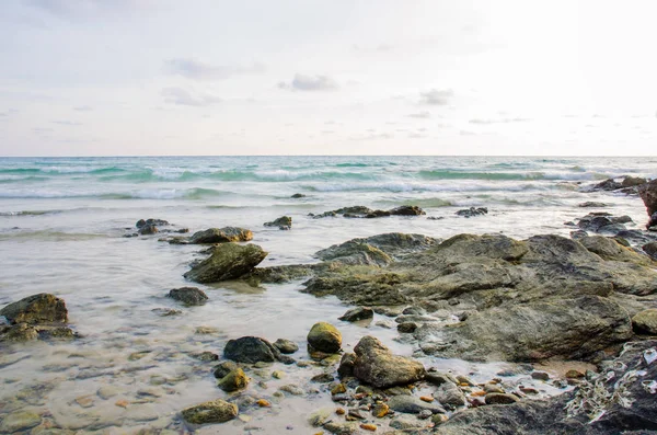 beyaz gökyüzü ile sahilde taş