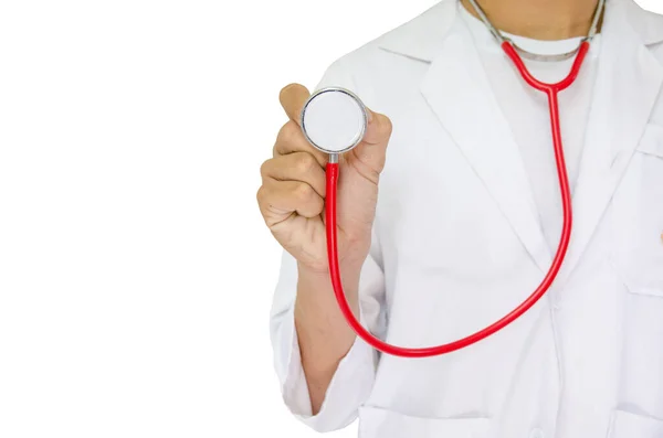 Cappotto Bianco Medico Aumento Stetoscopio Rosso Ascoltare Concentrarsi Sulla Mano — Foto Stock