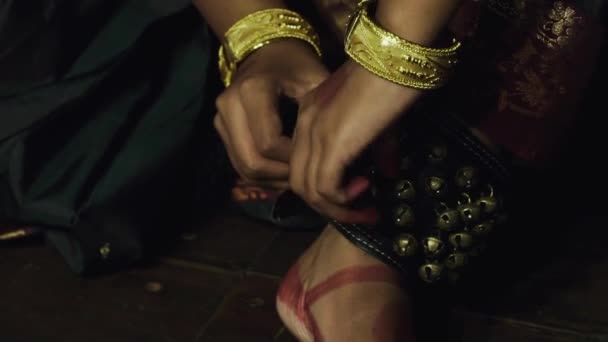 Молодая Бхаратанатьям Танцовщица Колокольчиках Лодыжке — стоковое видео