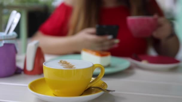 Nierozpoznawalna kobieta pije kawę w kawiarni i rozmawia — Wideo stockowe