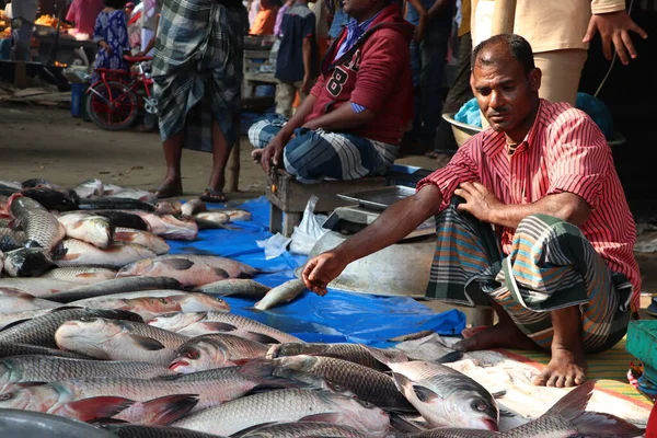 Asian Fish Trader Waiting Customers His Shop Local Fish Market — Stock Photo, Image