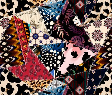 Patchwork leopar ve zebra tasarım deseni, leopar ve etnik desen, dikenli yamalar