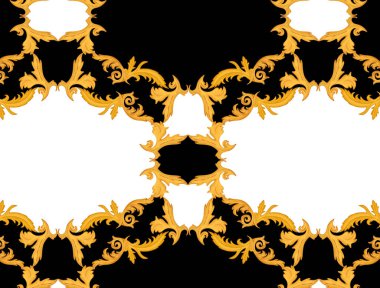 Kumaş ve tekstil için altın barok süsü siyah beyaz arkaplan 