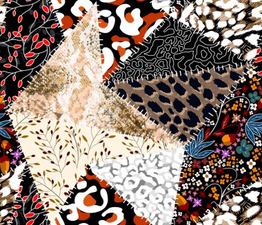 Patchwork leopar ve zebra tasarım deseni, leopar ve etnik desen, dikenli yamalar