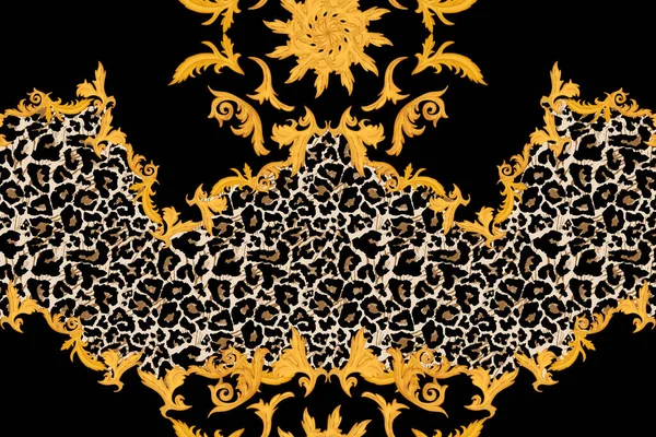 Golden baroque ornament and black blackgruond, baroque and leopard pattern
