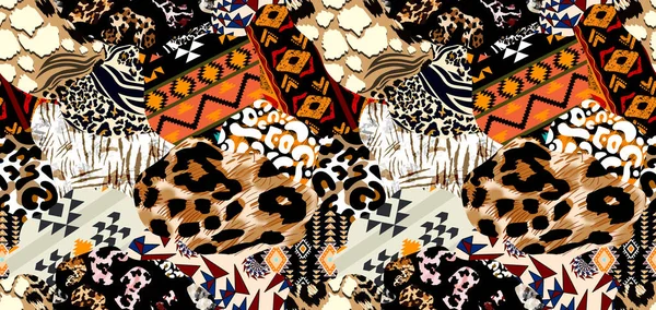 斑纹豹和斑马设计模式 斑纹豹和少数民族模式 缝合线斑纹 — 图库照片