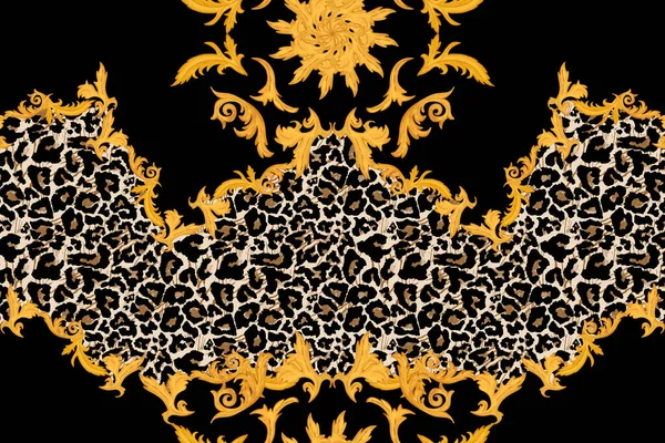 Ornamento Barocco Dorato Nero Nero Modello Barocco Leopardo Immagini Stock Royalty Free