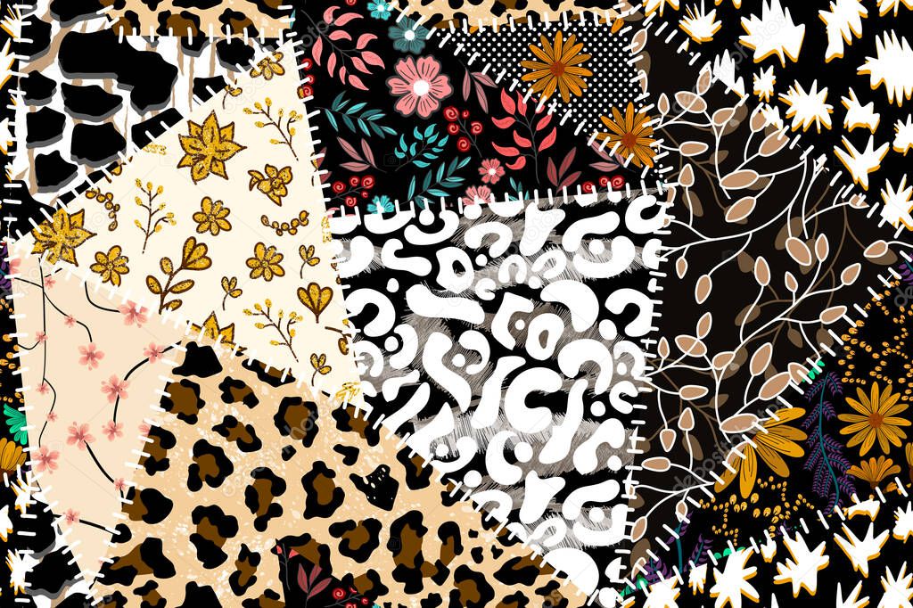 Patchwork leopard and zebra design pattern, leopard and ethnic pattern, seamy patchwork