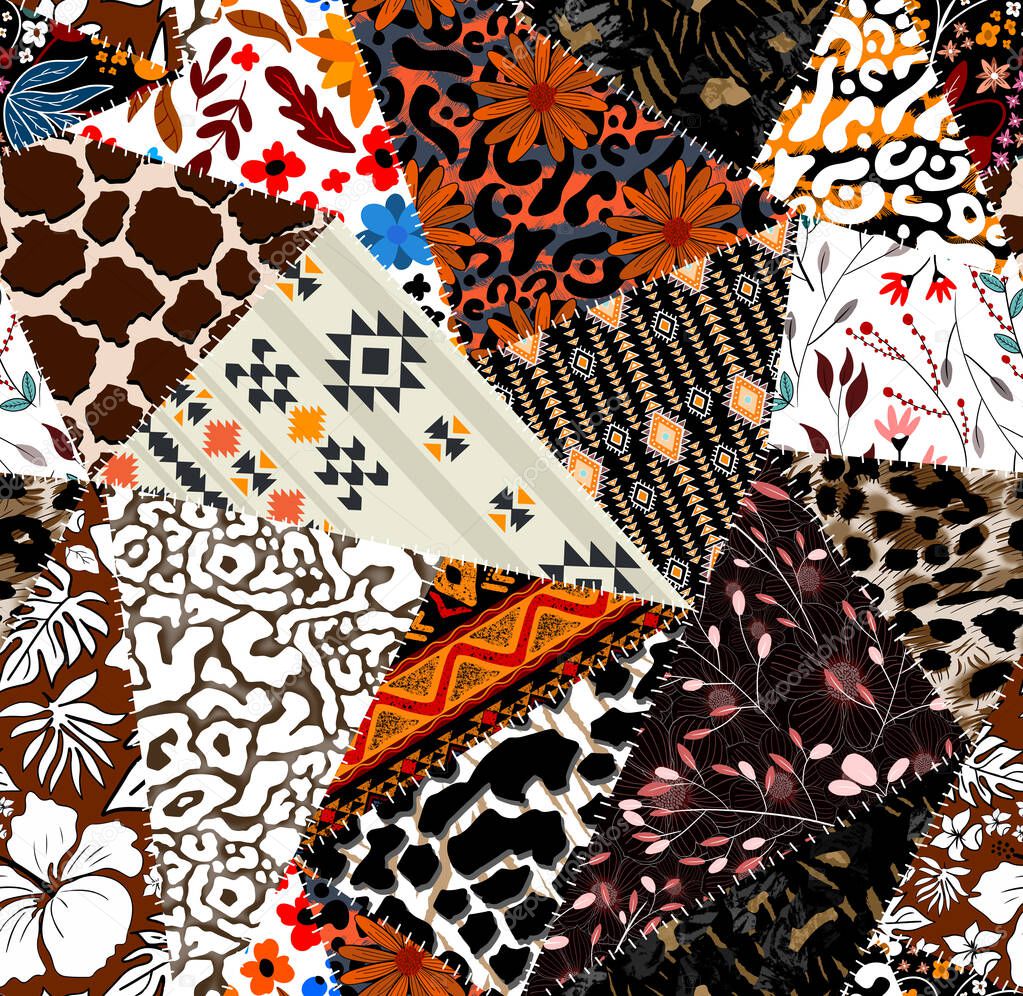 Patchwork leopard and zebra design pattern, leopard and ethnic pattern