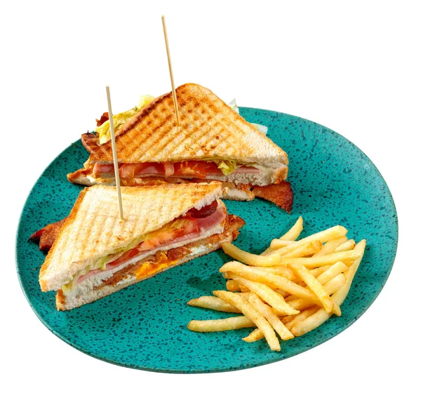 Sandwich with bacon, tomato, cheddar ham and fried potatoes
