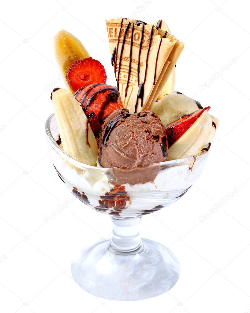 Sweet dessert, vanilla, chocolate, strawberry ice cream, syrup, banana fruit and strawberry fruit