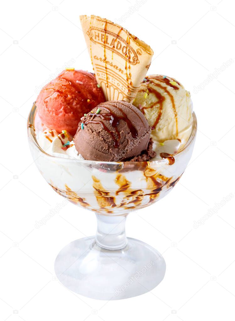 Sweet dessert, vanilla, chocolate, strawberry ice cream, syrup, cooki and cream
