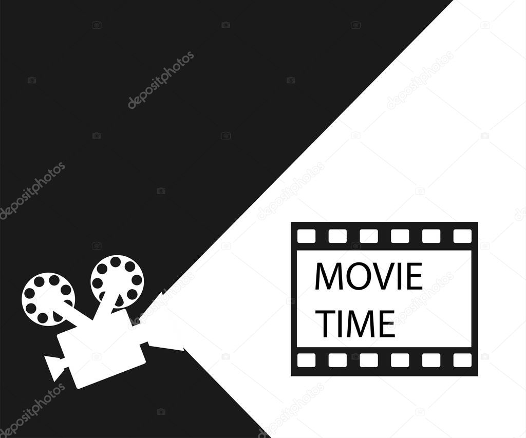 Movie time, black background, vector illustration, flat style