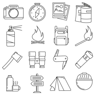 Seyahat, beyaz arka plan üzerinde kamp tema simgeleri