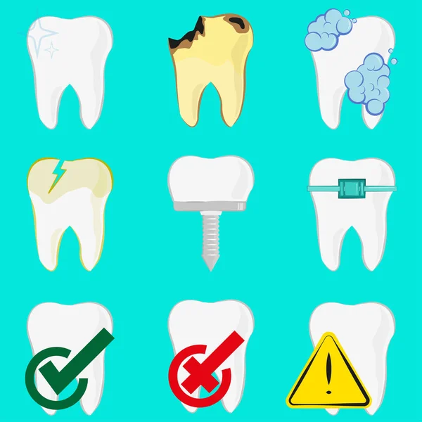 Σύνολο Διαφορετικών Δοντιών Εμφύτευμα Τερηδόνα Καθαρό Δόντι — Διανυσματικό Αρχείο