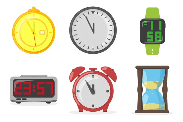 Establecer Relojes Sobre Fondo Blanco Ilustración Vectorial Estilo Plano — Vector de stock