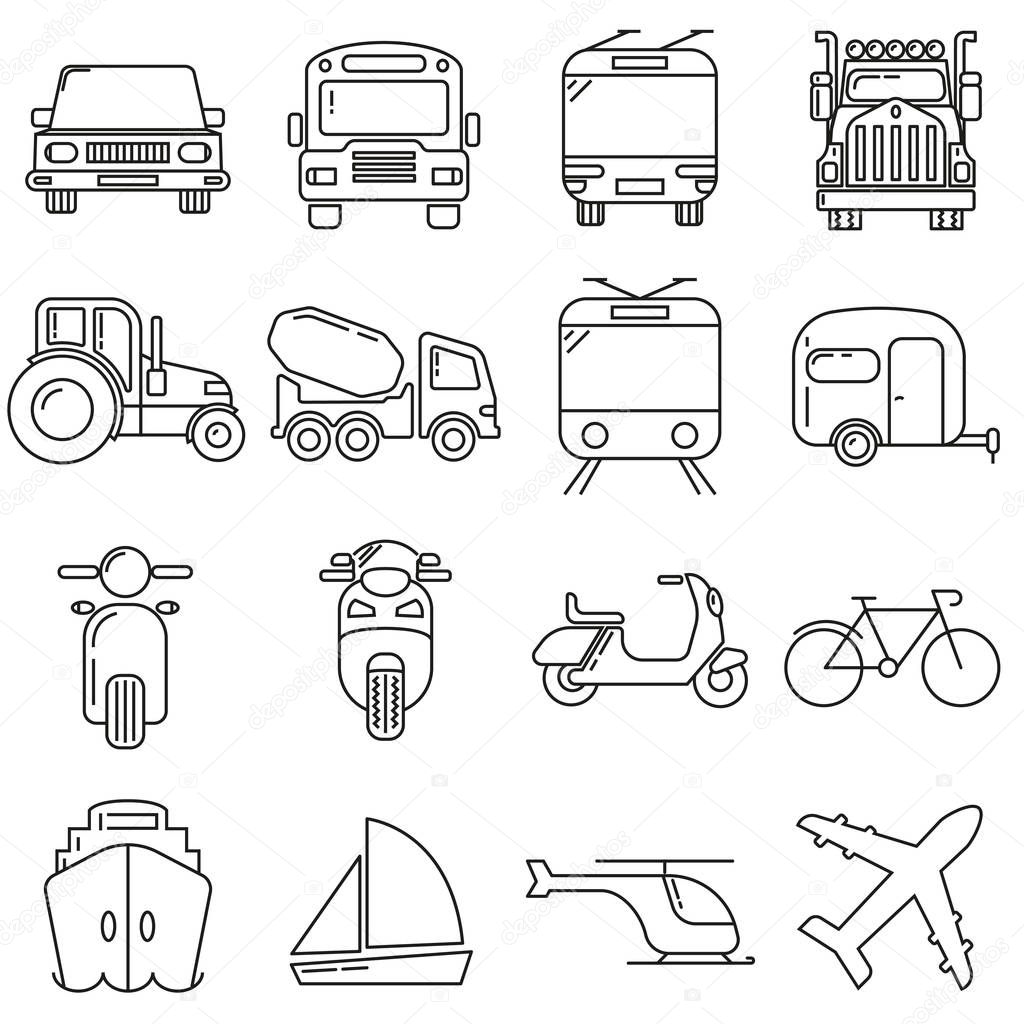 Icons in the style of lines on theme of modes of transport