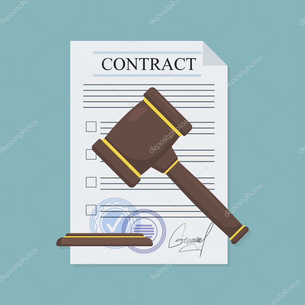 Approved contract with a hammer in flat style, business concept,