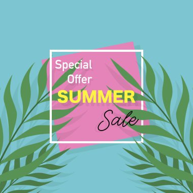Yaz satış afişi. Palmiye yapraklarıyla dolu bir poster. Tropikal arka plan