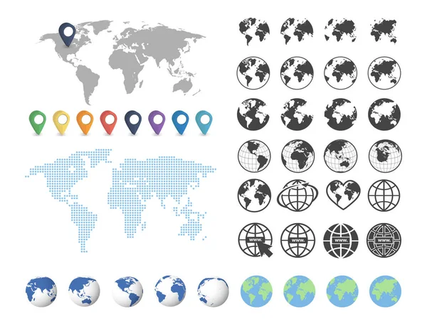 Conjunto de globo e mapa do mundo. Um grande conjunto. Vetor — Vetor de Stock
